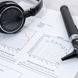 Audiogram paper with headphones and an otoscope.